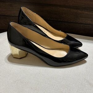 Katy Perry Collections Black Patent Heels with Gold Block Heel